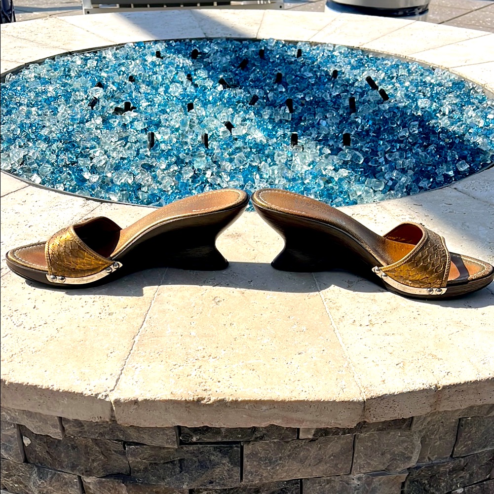 Authentic Bronze Wedge Snakeskin Sandals By Salvatore Ferragamo
